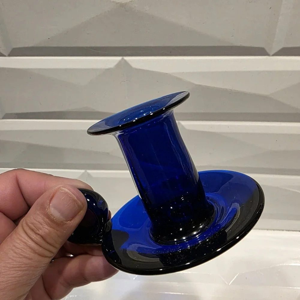 Vintage Hand Blown Cobalt Blue Art‎ Glass Finger Loop Handle Candlestick Holder